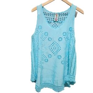 JOHNNY WAS TURQUOISE EMBROIDERED SKEEVELESS TOP SIZE S